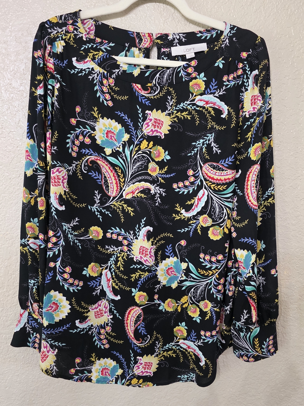 LOFT Black Floral Paisley Print Blouse with Multicolor Blooms